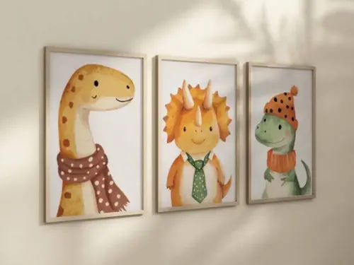 Kit 3 Quadros Decorativos Dinossauro Berçário A4 24x34