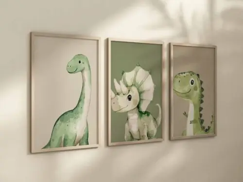 Kit 3 Quadros Decorativos Dinossauro Berçário A4 24x34