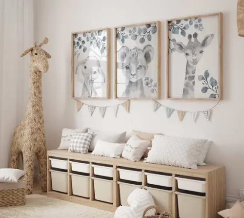 Kit 3 Quadros Decorativos Moldura Bebe Safari Animal A3