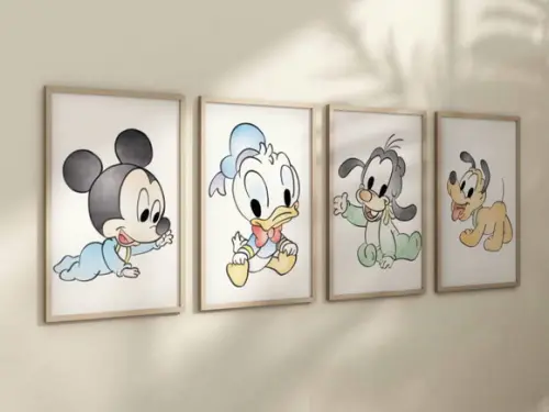 Kit 4 Quadros Decorativos Mickey Donald Pateta Baby Pluto A4