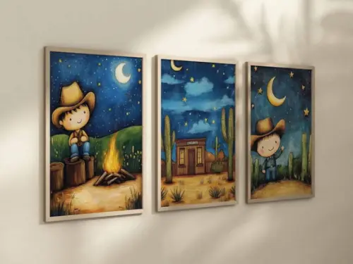 Kit 3 Quadros Decorativo Moldura Menino Fazendinha Cowboy A4