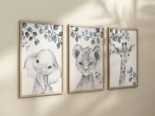 Kit 3 Quadros Decorativos Moldura Bebe Safari Animal A4