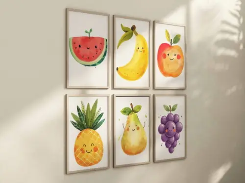 Kit 6 Quadros Decorativos Moldura Frutas Fofas A4