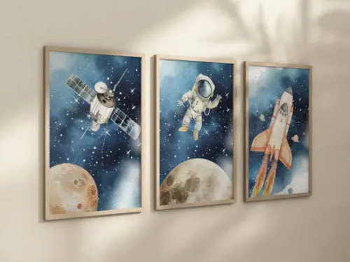 Kit 3 Quadros Decorativo Moldura Astronauta Berçário A4