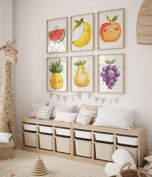 Kit 6 Quadros Decorativos Moldura Frutas Fofas A3