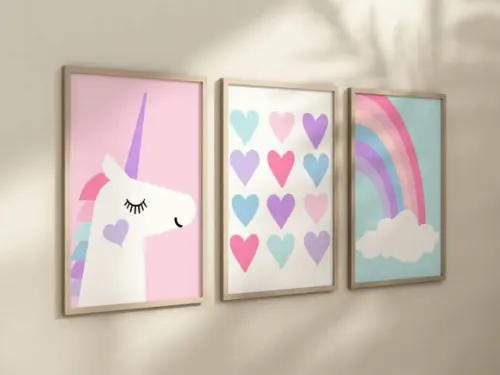 Kit 3 Quadros Decorativo Unicórnio Corações e Arco-íris A4