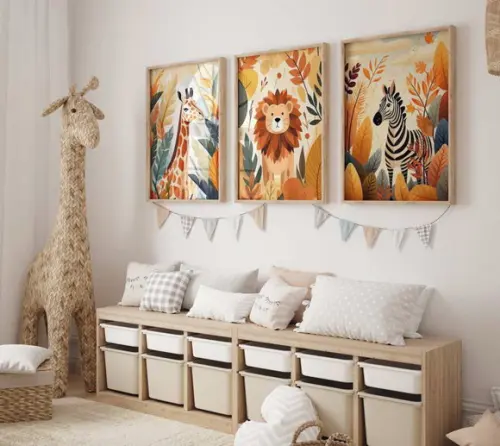 Kit 3 Quadros Decorativos Moldura Bebe Safari Animal A3