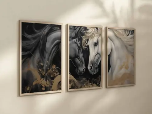 Kit 3 Quadros Decorativo Moldura Cavalo Contemporânea A4