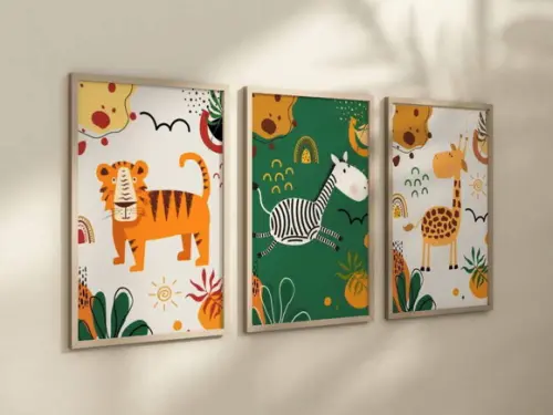 Kit 3 Quadros Decorativos Moldura Bebe Safari Animal A4