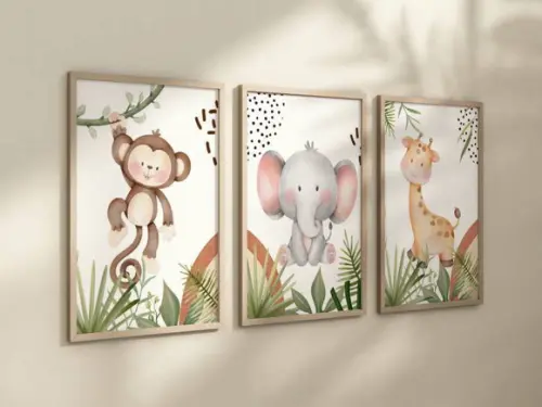 Kit 3 Quadros Decorativos Moldura Bebe Safari Animal A4