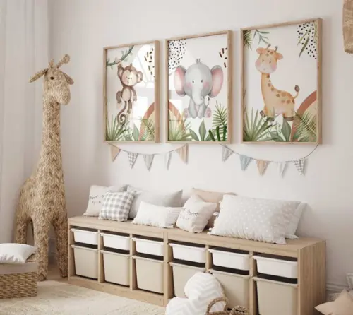 Kit 3 Quadros Decorativos Moldura Bebe Safari Animal A3