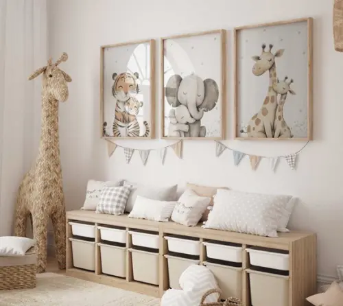 Kit 3 Quadros Decorativos Safari Filhote e Mãe Berçário A3
