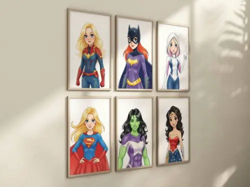 Kit 6 Quadros Decorativos Moldura Super-heroínas Menina A4