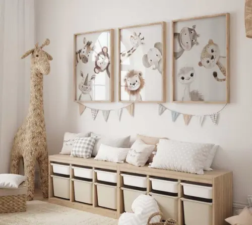 Kit 3 Quadros Decorativos Moldura Viveiro Safari A3