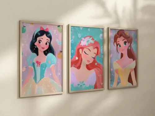 Kit 3 Quadros Decorativo Moldura Princesas Moderna A4