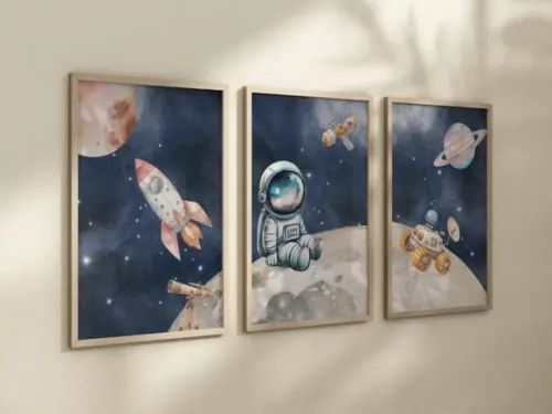 Kit 3 Quadros Decorativo Moldura Astronauta Berçário A4