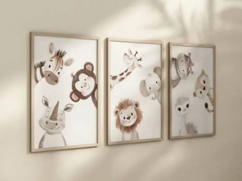 Kit 3 Quadros Decorativos Moldura Viveiro Safari A4