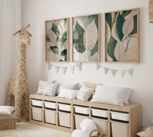 Kit 3 Quadros Decorativo Folhas Verdes e Creme A4