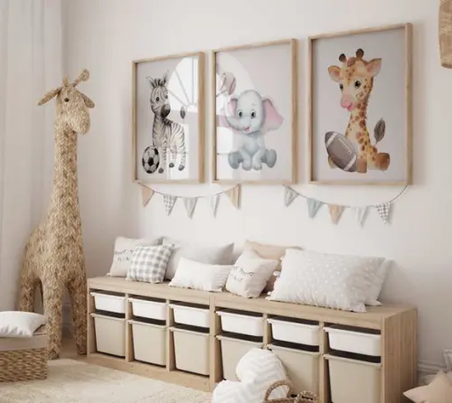 Kit 3 Quadros Decorativos Moldura Bebe Safari Animal Bola A3