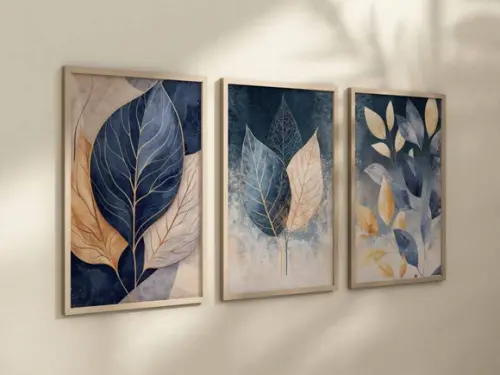 Kit 3 Quadros Decorativo Folhas Douradas Azul-marinho A4