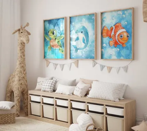Kit 3 Quadros Decorativos Animais Marinhos Berçário A3