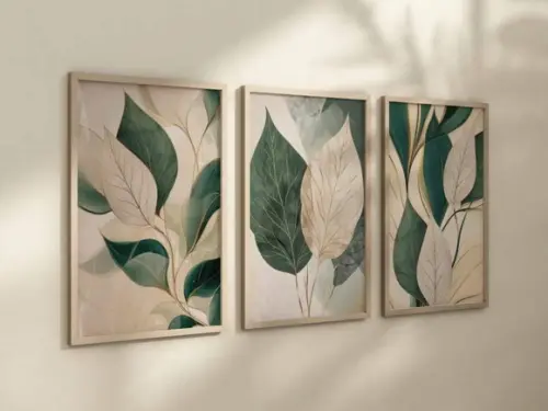 Kit 3 Quadros Decorativo Folhas Verdes e Creme A4