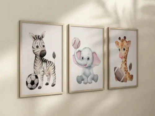 Kit 3 Quadros Decorativos Moldura Bebe Safari Animal Bola A4