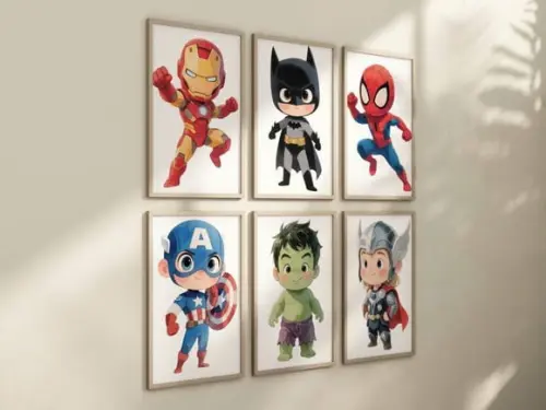 Kit 6 Quadros Decorativos Moldura Super-heróis Baby A4
