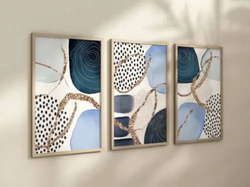 Kit 3 Quadros Decorativo Abstrato Geométrica Azul Dourado A4
