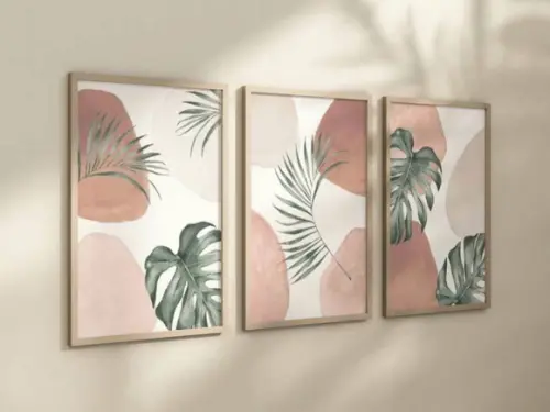 Kit 3 Quadros Decorativo Moldura Boho Folhas Tropicais A4