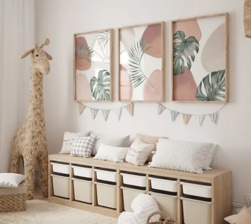Kit 3 Quadros Decorativo Moldura Boho Folhas Tropicais A3