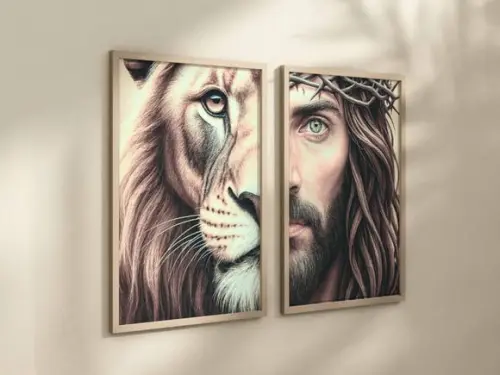 Kit 2 Quadros Decorativo Leão de Judá e Jesus Crist A4 24x34