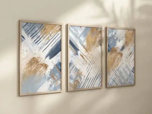 Kit 3 Quadros Decorativo Abstrata Pinceladas Azul Dourado A4