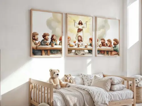 Kit 3 Quadros Decorativo Jesus Mini Ceia Berçário A2 40x60