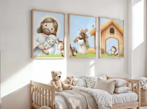 Kit 3 Quadros Decorativo Jesus Mini Berçário A2 40x60