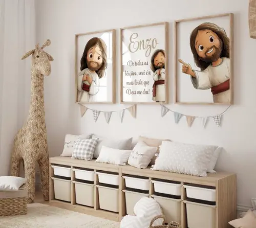 Kit 3 Quadros Decorativo Jesus Mini Berçário Nome A3 34x44
