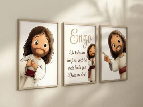 Kit 3 Quadros Decorativo Jesus Mini Berçário Nome A4 24x34