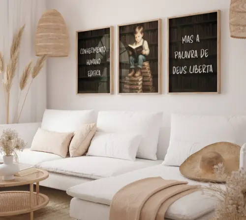 Kit 3 Quadros Decorativo Menino Lendo a Bíblia A3 44x34