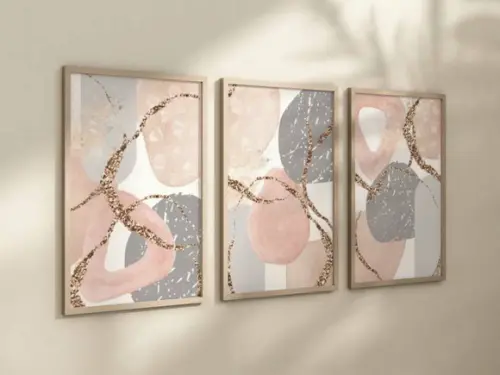 Kit 3 Quadros Decorativo Abstrato Geométrica Rosa Cinza A4