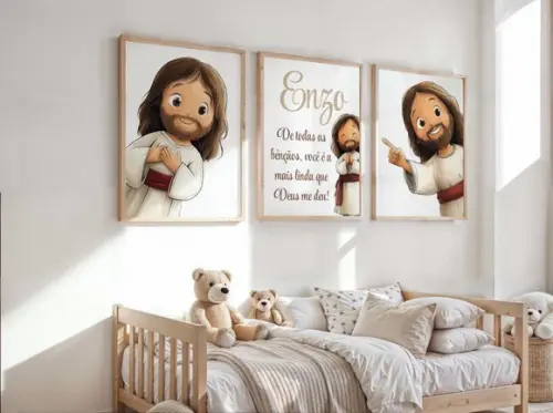 Kit 3 Quadros Decorativo Jesus Mini Berçário Nome A2 40x60