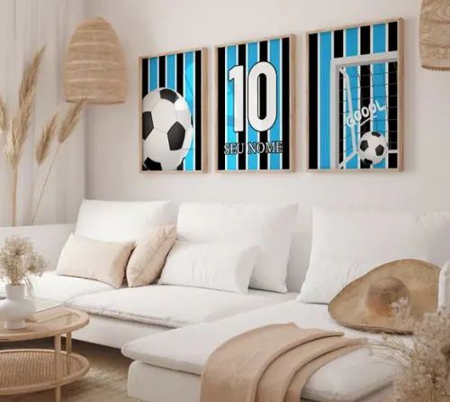 Kit 3 Quadros Decorativos Futebol Nome Azul Preto A3