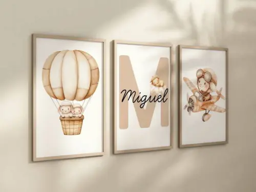 Kit 3 Quadros Decorativo Moldura Ovelha Bege Nome 24x34