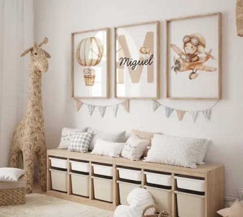 Kit 3 Quadros Decorativo Moldura Ovelha Bege Nome 34x44