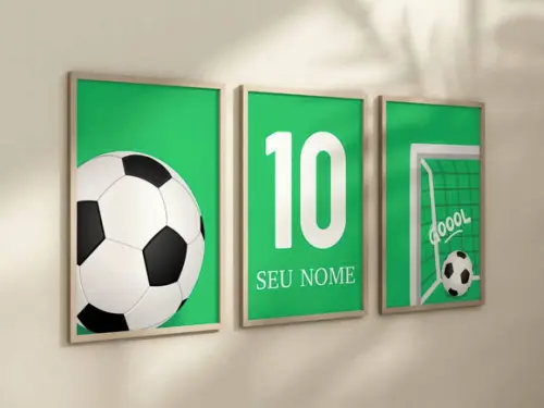 Kit 3 Quadros Decorativos Futebol Nome Verde Branco A4