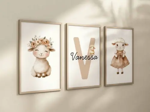 Kit 3 Quadros Decorativo Moldura Ovelha Bege Nome 24x34