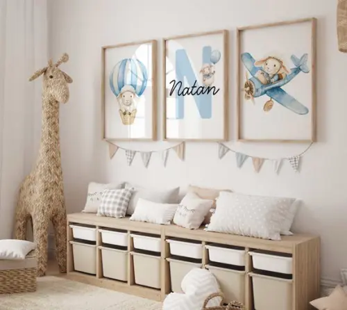 Kit 3 Quadros Decorativo Moldura Ovelha Azul Nome 34x44