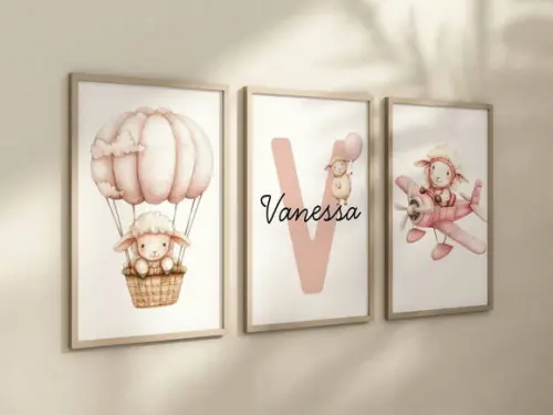 Kit 3 Quadros Decorativo Moldura Ovelha Rosa Nome 24x34