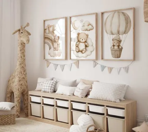 Kit 3 Quadros Decorativo Moldura Ursinhos Fofos Arco-íris A3