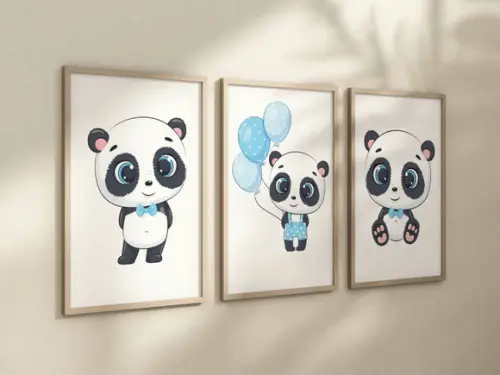 Kit 3 Quadros Decorativo Moldura Ursinhos Panda Azul A4