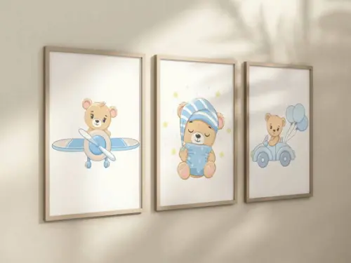 Kit 3 Quadros Decorativo Moldura Ursinhos Fofos Azul A4